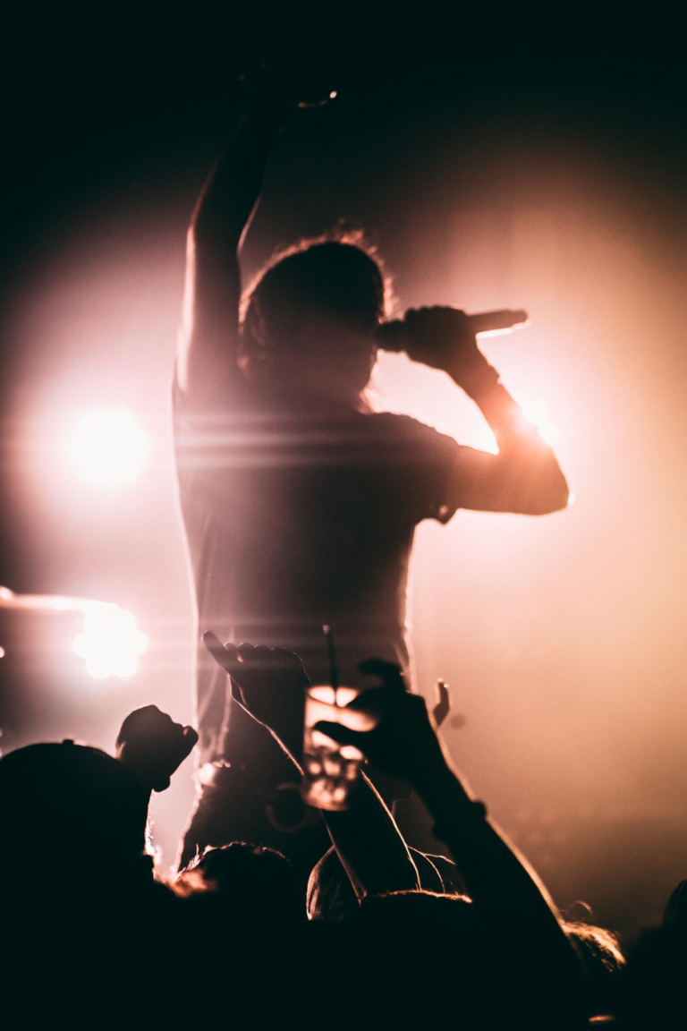 Silhouette of a vibrant performer singing on stage with dynamic lighting and an excited crowd.